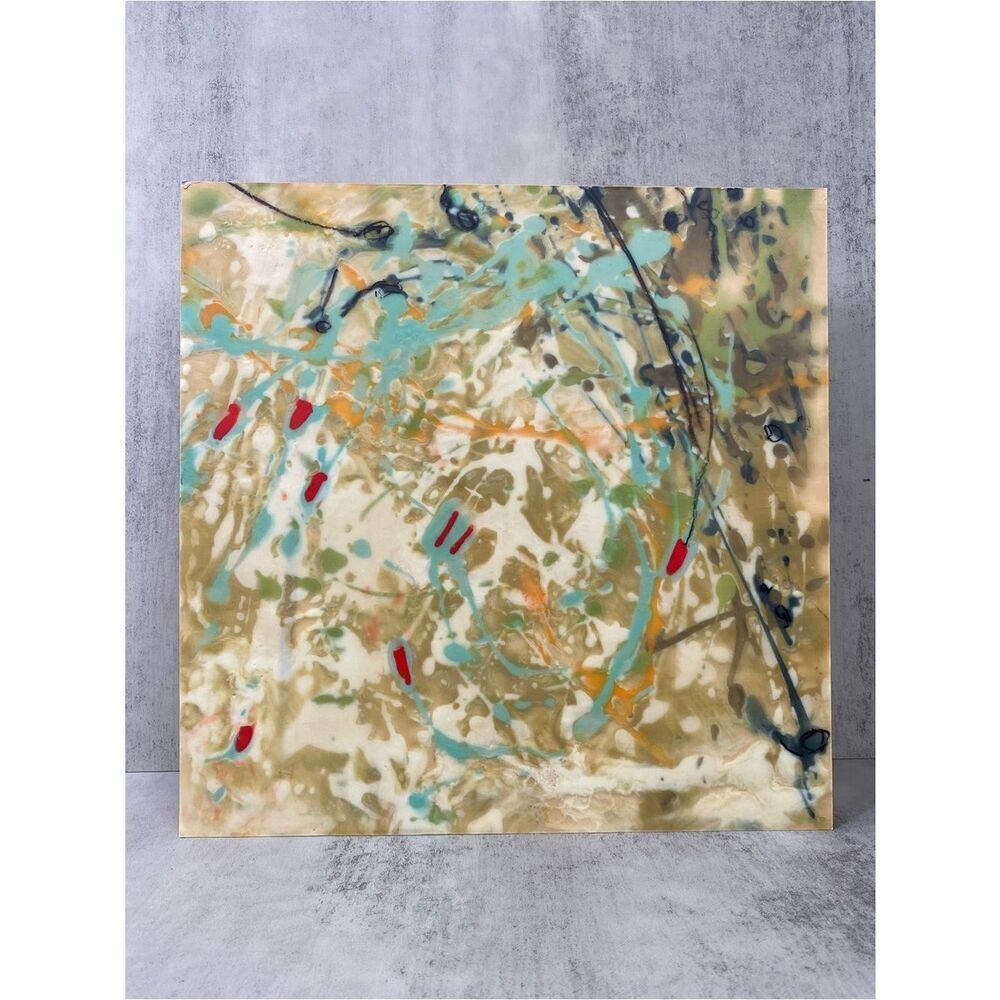 Abstract Teal Red beige tan -Hotel Commission- Statement art 14”x 14”